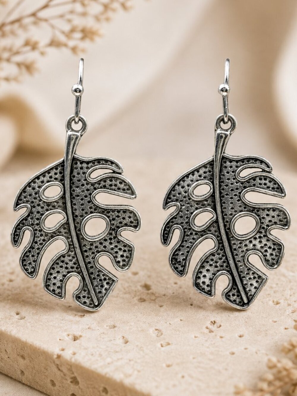 Antique Silver Monstera Leaf Drop Earrings - Picture 4 of 4